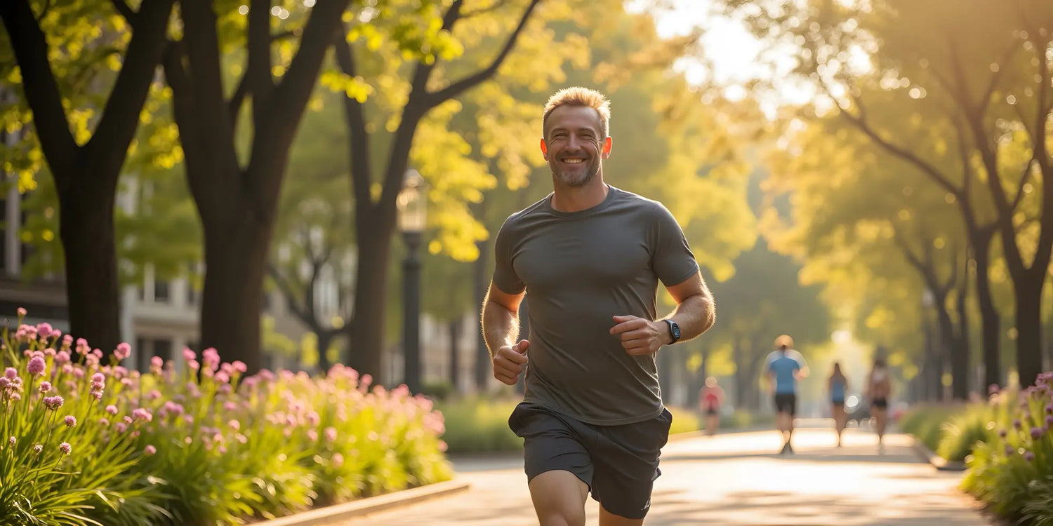 Uomo che corre sorridente in un parco, simbolo di benessere cardiovascolare e forma fisica