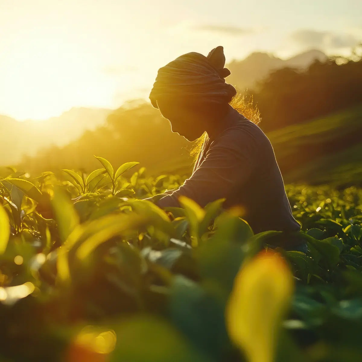 Persona in controluce tra le coltivazioni al tramonto