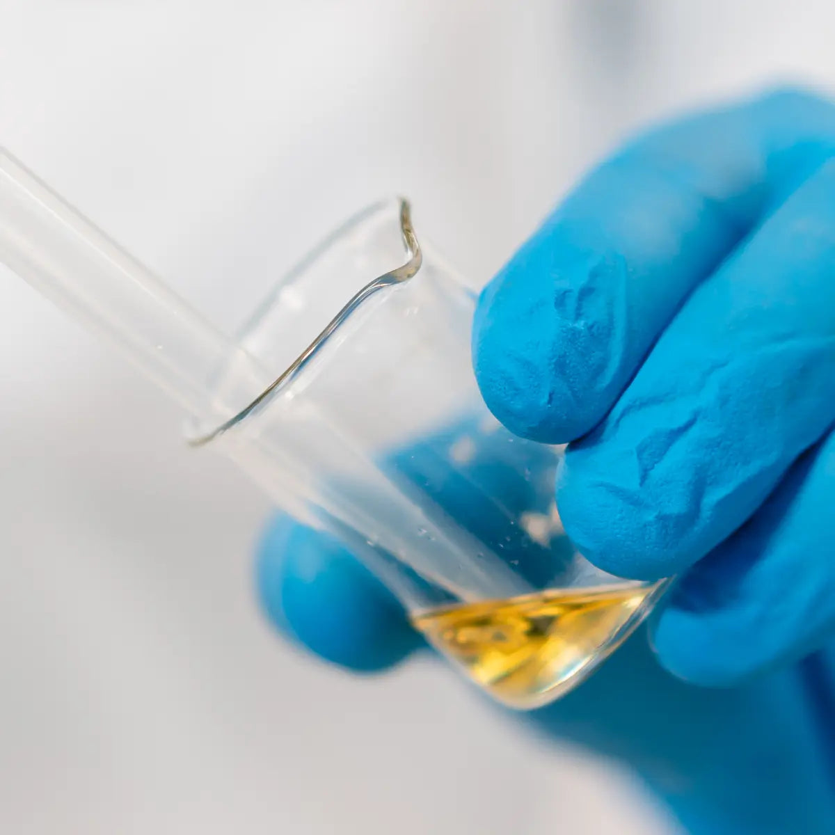Mano con guanto blu che tiene un becher contenente un liquido giallo in laboratorio